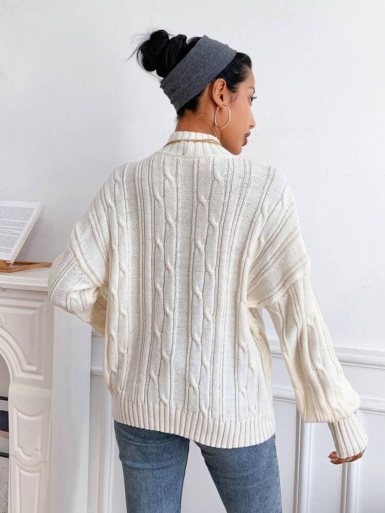 Mock Neck Drop Shoulder Cable Knit Pullover Fall Winter Sweater