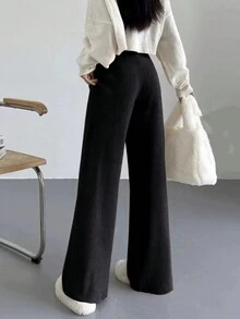 Pantalón De Suéter Con Cintura Ajustable Y Pierna Ancha En Color Sólido - Negro - Ver 4
