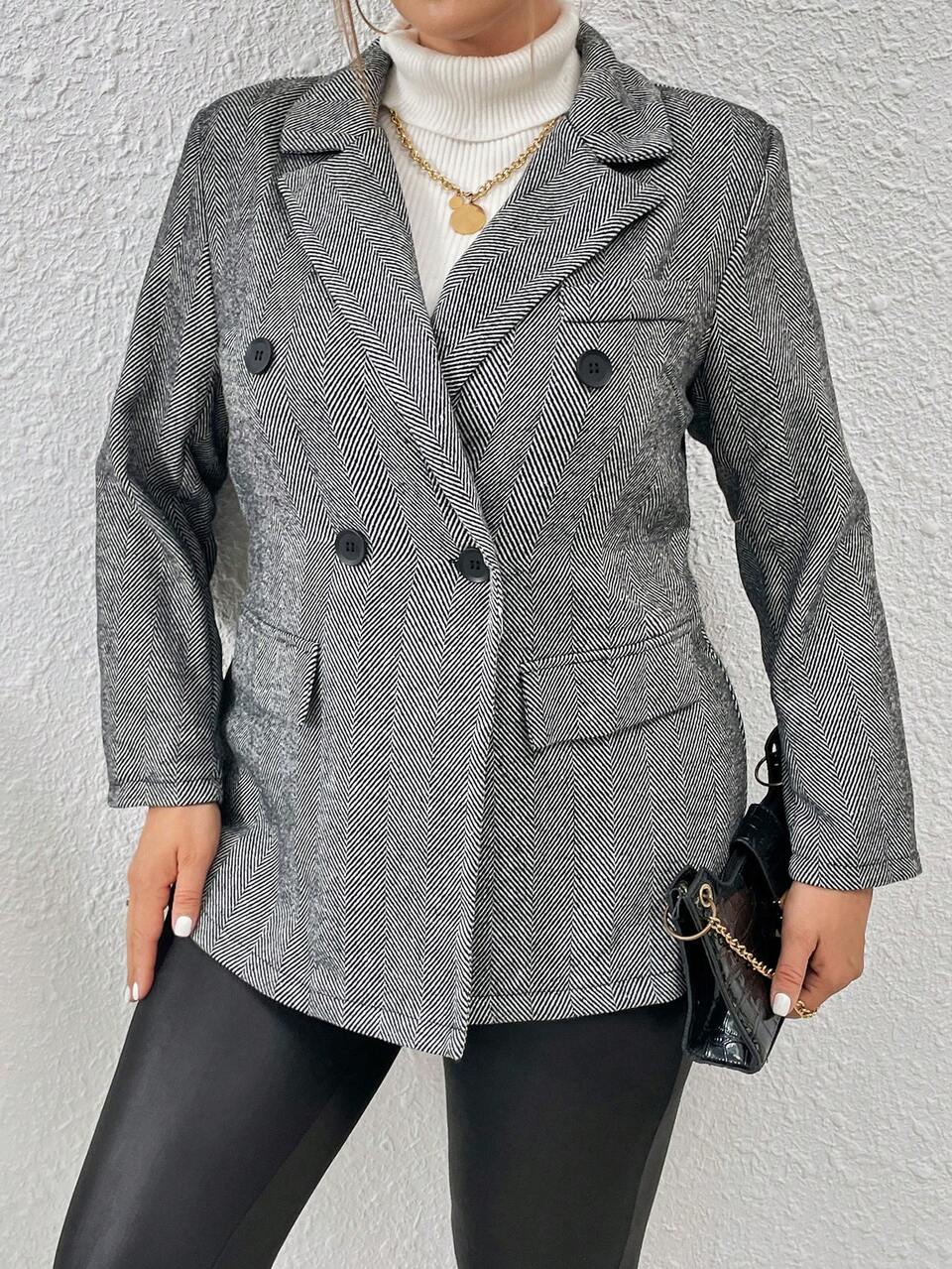 Plus Size Women's Black Herringbone Lapel Collar Double Breasted Long Sleeve Casual Office Blazer,Autumn Graduation Back To School Teacher Bussines