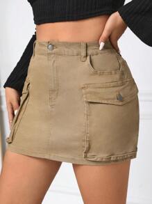 SHEIN EZwear 大尺碼女士短版牛仔工作短裙 - 卡其色 - 查看 1