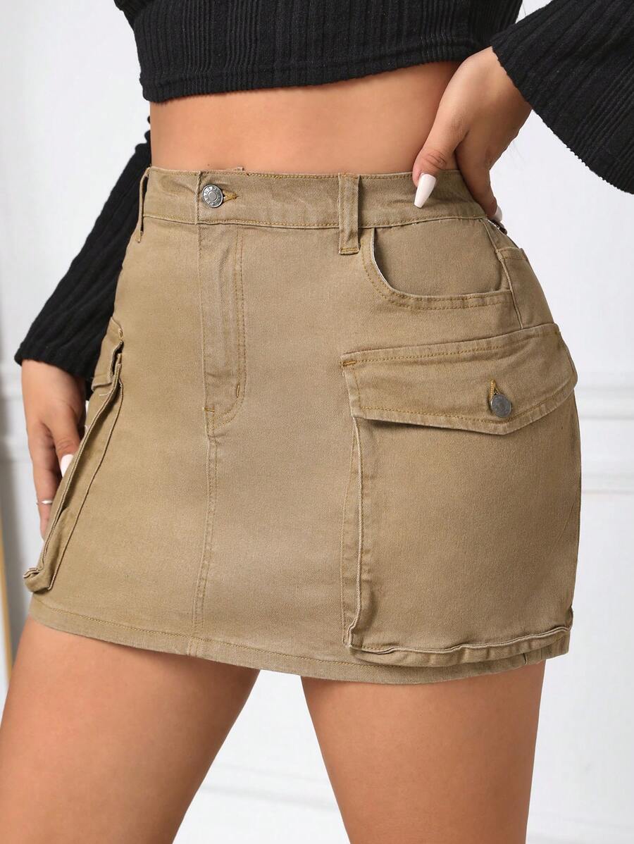 SHEIN EZwear 大尺碼女士短版牛仔工作短裙 - 卡其色 - 查看 1