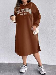 SHEIN LUNE 大碼字母圖案下擺開叉落肩袖抽繩連帽衛衣裙 - 摩卡棕 - 查看 4