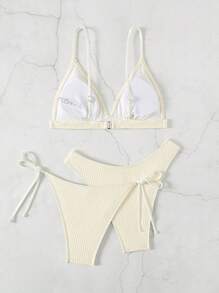 SHEIN Swim Summer 3pcs/Set Rib Knit Bikini Set - Beige - View 2