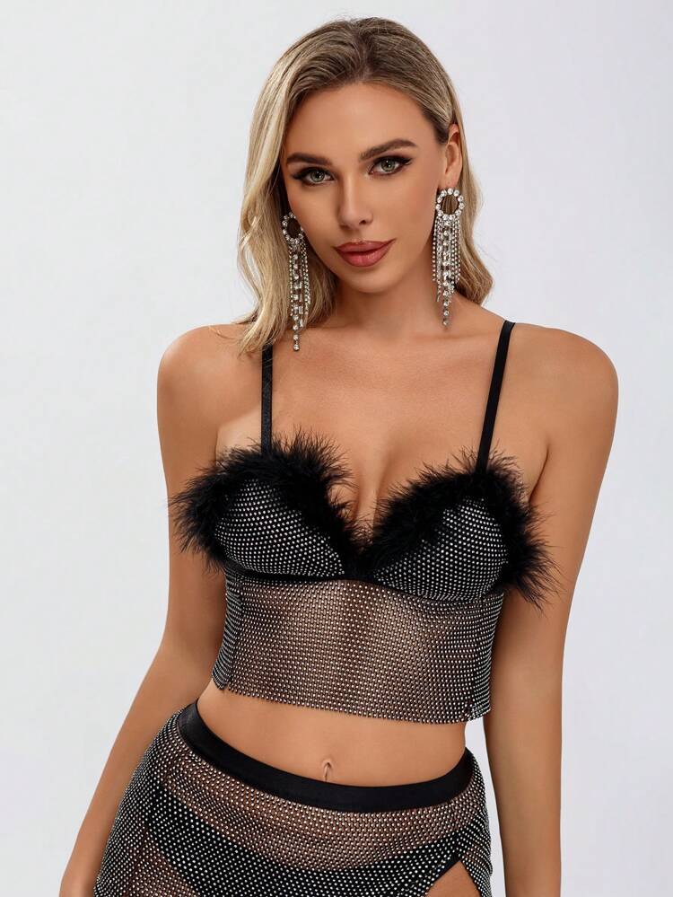 Fuzzy Trim Rhinestone Detail Cami Top
