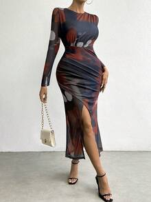 SHEIN Privé 圖案印花高衩洋裝 - 彩色 - 查看 5