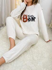 小熊英文繡花法蘭絨套裝 - 白色 - 查看 5