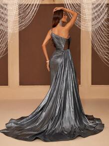 SHEIN Belle 漆塗層布料,一肩,褶皺,拼布,高開衩,魚尾下擺,透明設計女式晚禮服(重型款) - 深灰色 - 查看 2