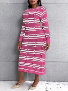 Celure Plus Striped Pattern Sweater Dress - Hot Pink - View 5