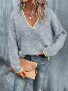SHEIN LUNE Color Block Ribbed Edge Drop-shoulder Sweater With Double Pockets - Light Grey - View 6