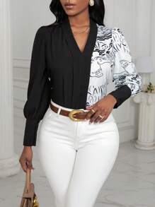 Zolique V-neck Lantern Sleeve Two-color Shirt - Multicolor - View 1