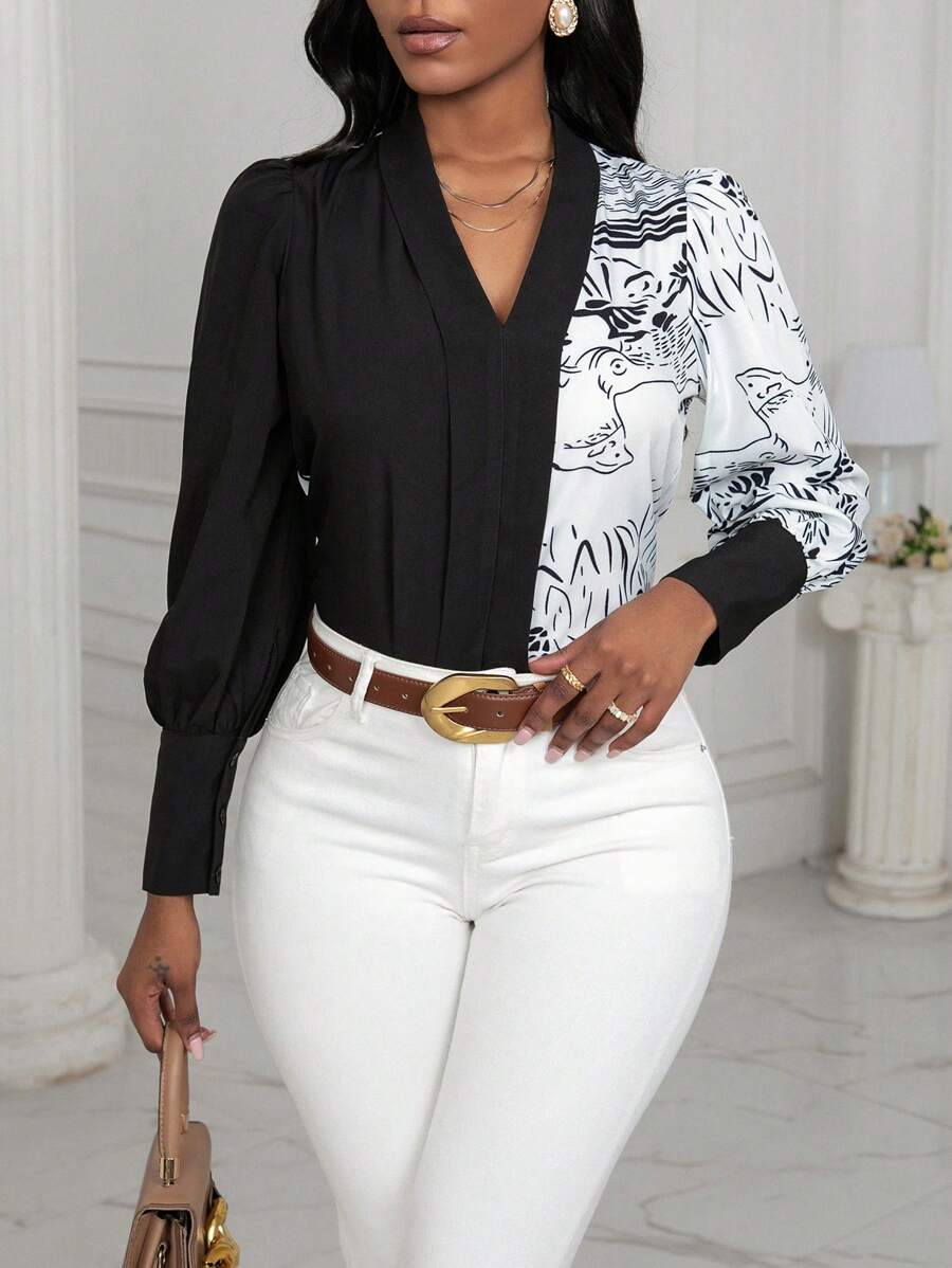 Zolique V-neck Lantern Sleeve Two-color Shirt - Multicolor - View 1