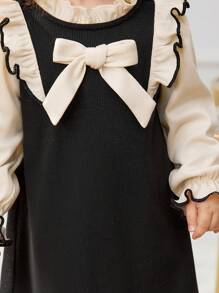 SHEIN Đứa bé gái Hai âm Nơ mặt trước Viền Ruffle tay áo lá sen Đầm - màu đen - Xem 6