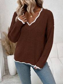 SHEIN Clasi Viền tương phản Thả vai Áo len - Rỉ Nâu - Xem 6