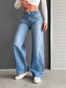 EURMUSE 100%Cotton Low Waist Wide Leg Medium Wash - Medium Wash - View 4