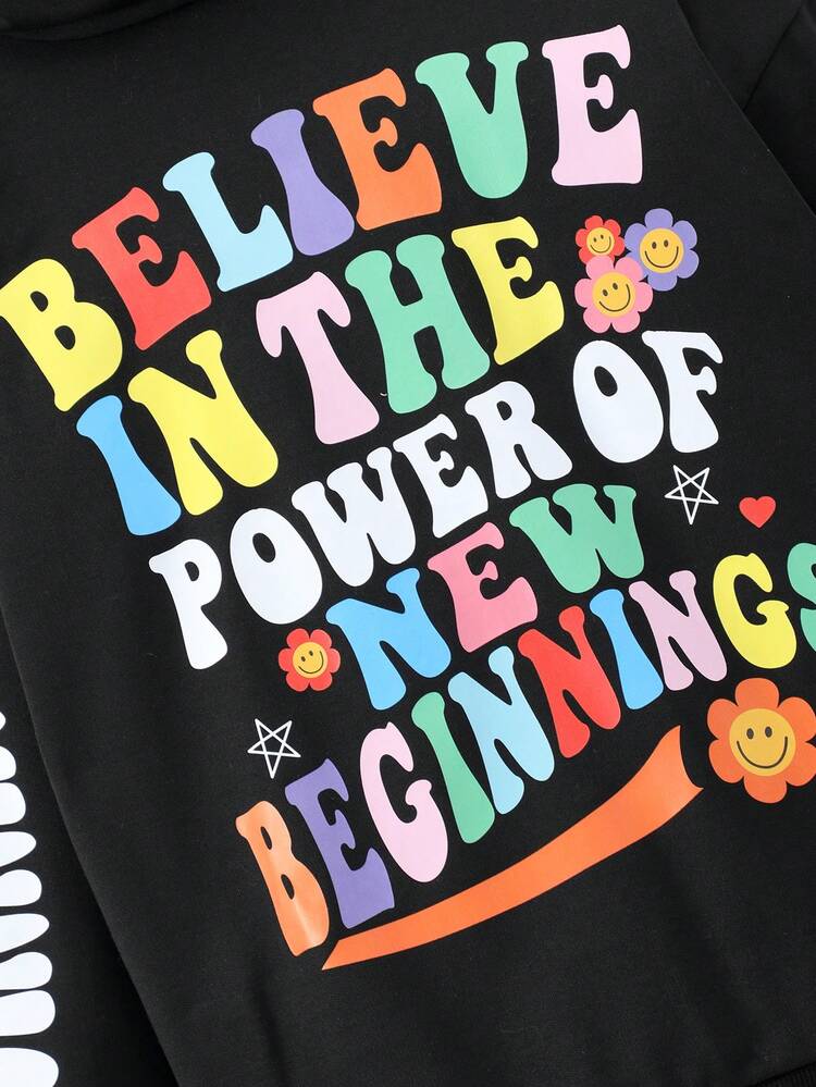 Girls' Hooded Sweatshirt With Letter Print, Autumn/winter