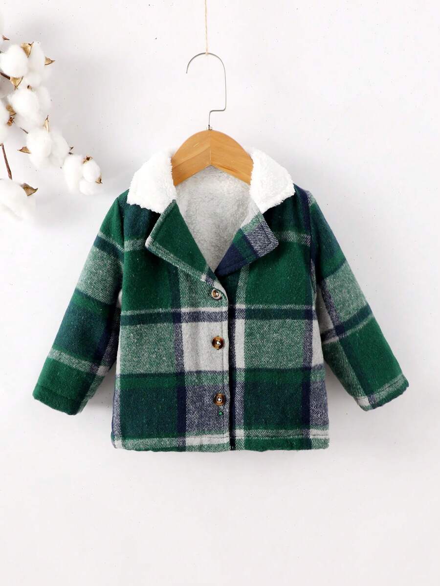 Baby Boy Plaid Print Borg Collar Teddy Lined Coat