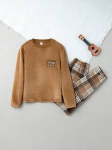 Teen Boys' Winter Alphabet Patched Top And Checked Pants Pajama Set - Multicolor - View 1