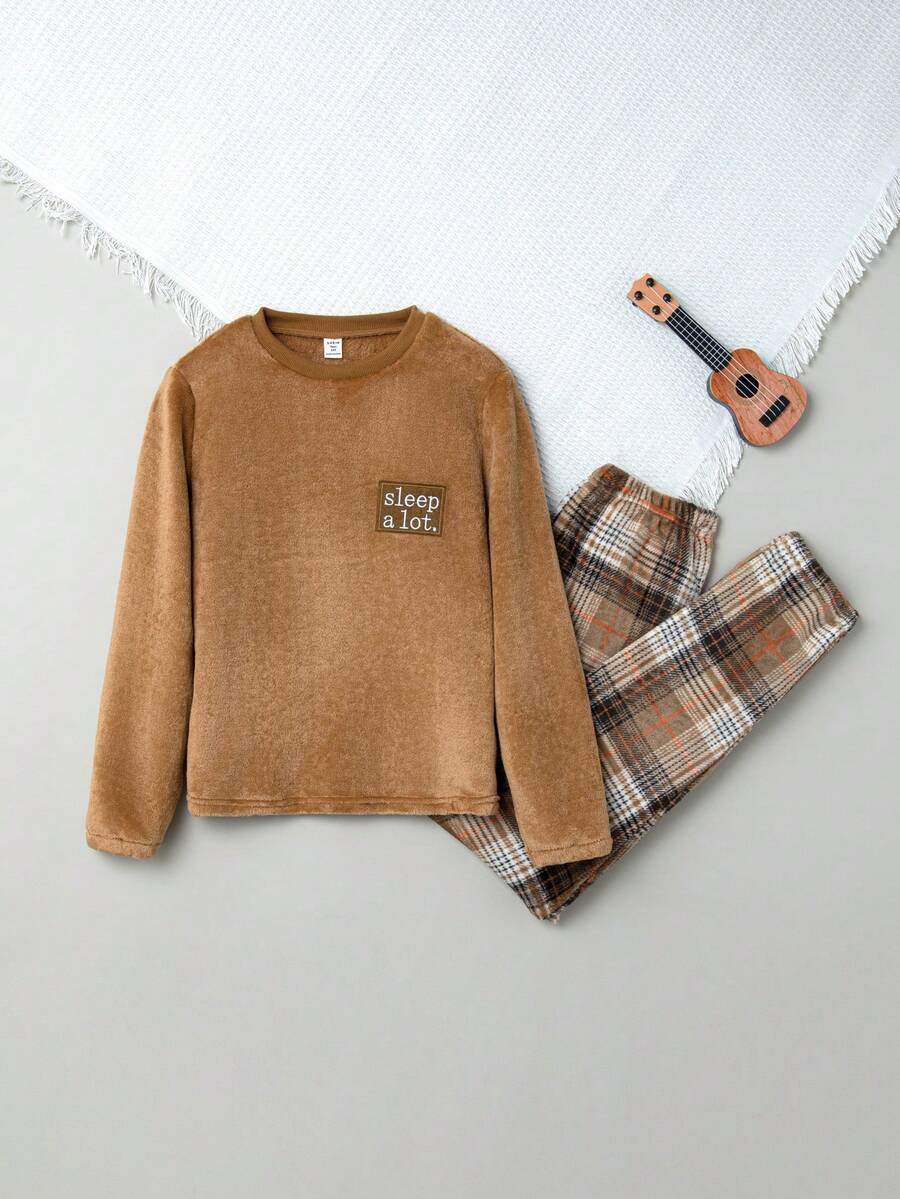 Teen Boys' Winter Alphabet Patched Top And Checked Pants Pajama Set - Multicolor - View 1