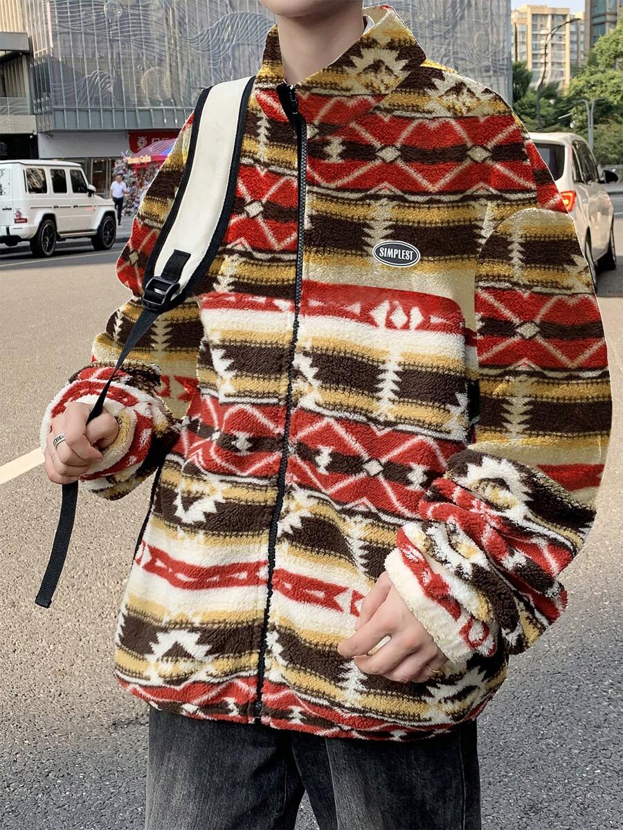 Claim Dot Chaqueta De Hombro Caído De Patrón Geométrico De Ajuste Holgado Para Hombre Con Impresión Inicial - Albaricoque - Ver 1