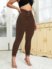 High Waist Skinny Jeans - Brown - View 4