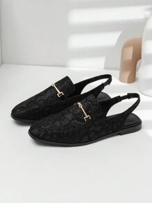 Black Lace Fashionable Women's Shoes With Square Toe And Metal Buckle For Slimming Look
