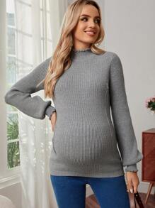 SHEIN Áo len dài tay dáng ôm vừa vặn cho bà bầu có cổ đứng viền sóng, dành cho mùa đông - Xám - Xem 3