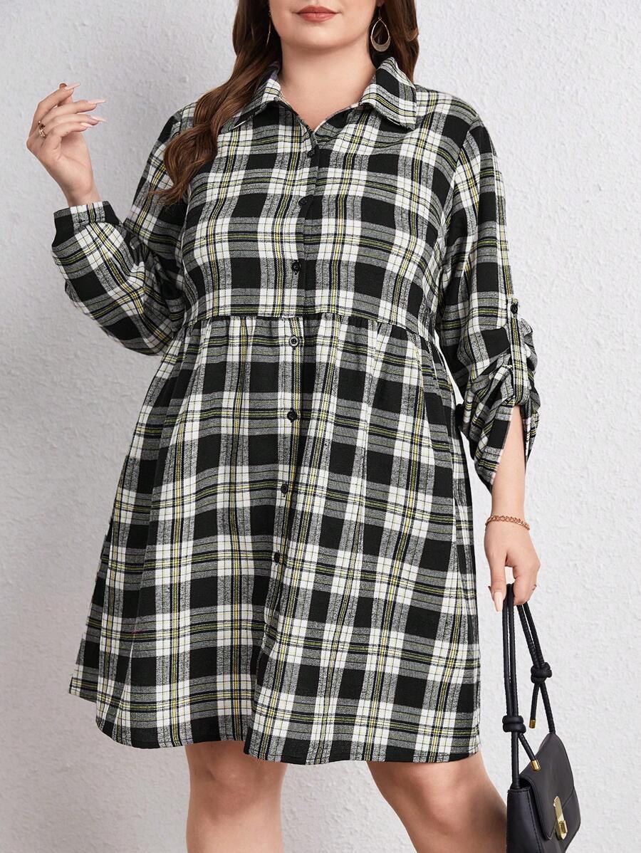 SHEIN LUNE Plus Plaid Print Button Front Shirt Dress - Black and White - View 1