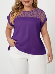SHEIN Clasi Plus Contrast Lace Batwing Sleeve Blouse - Purple - View 1