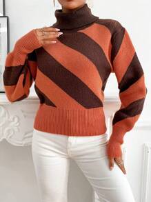 SHEIN LUNE Pull-over tricoté col roulé color block pour l'automne et l'hiver - Marron - Voir 3