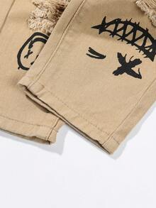 男嬰卡通圖案彈性腰帶破洞牛仔褲 - 杏色 - 查看 3