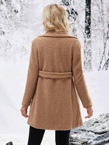 SHEIN 孕妇泰迪羊毛单排扣大衣，冬季 - 棕色 - 查看 2