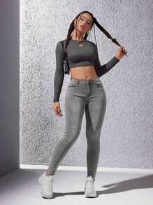 SHEIN Essnce Túi nghiêng Quần jean ôm - Màu Xám nhạt - Xem 3