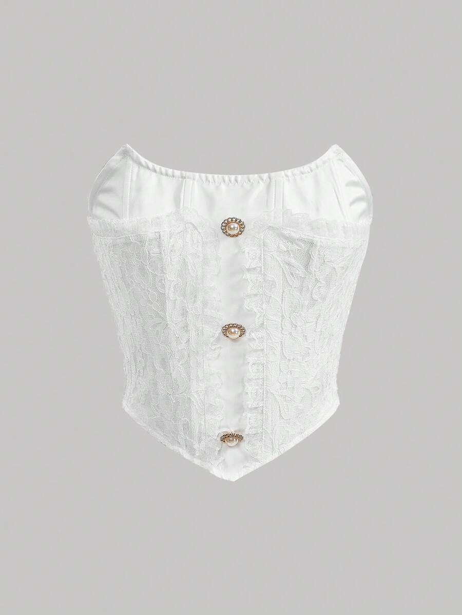 SHEIN MOD 前紐扣蕾絲邊抹胸上衣 - 白色 - 查看 1