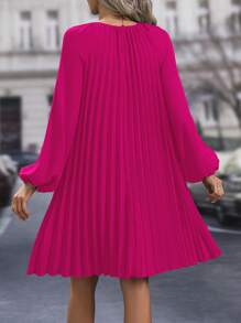 SHEIN Clasi Lantern Sleeve Pleated Hem Dress - Hot Pink - View 2