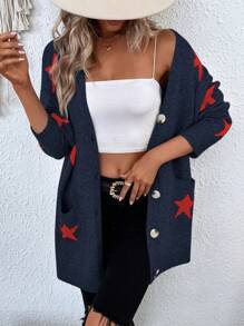 SHEIN Essnce 女士星紋釦扣針織開襟衫 - 藏蓝色 - 查看 3