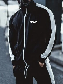 Gym Rark 男友风格男士休闲长袖拼色字母印花运动夹克健身慢跑上衣超轻吸汗舒适撞色宽松休闲健身套装运动夹克 - 黑與白 - 查看 1