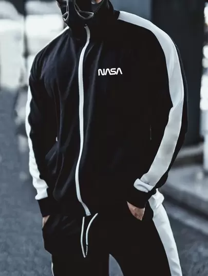 Manfinity Sport Corelite Pojkvänsmodell Herr Casual Långärmad Sportjacka med Färgblock och Bokstavstryck Träningstoppar Ultralätt Svettavvisande Bekväm Kontrastkantad Baggy För Casual Gym Set Sportjacka