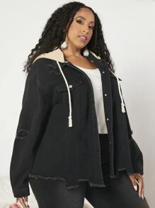 SHEIN CURVE+ Women's Plus Size Hooded Color Block Denim Jacket - Black - View 2