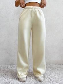 SHEIN Unity Pantalones Anchos Largos Con Piernas Anchas En Color Liso Para Cuerpo - Beis - Ver 3