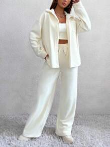 SHEIN Unity 3pcs/set Unisex Autumn Winter Button Up Jacket, Vest And Pants Suit Simple Personalized Outfit - Apricot - View 6