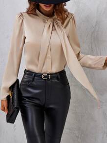 SHEIN Clasi Camisa Femenina Con Botones Y Anudado En La Parte Delantera - Albaricoque - Ver 1