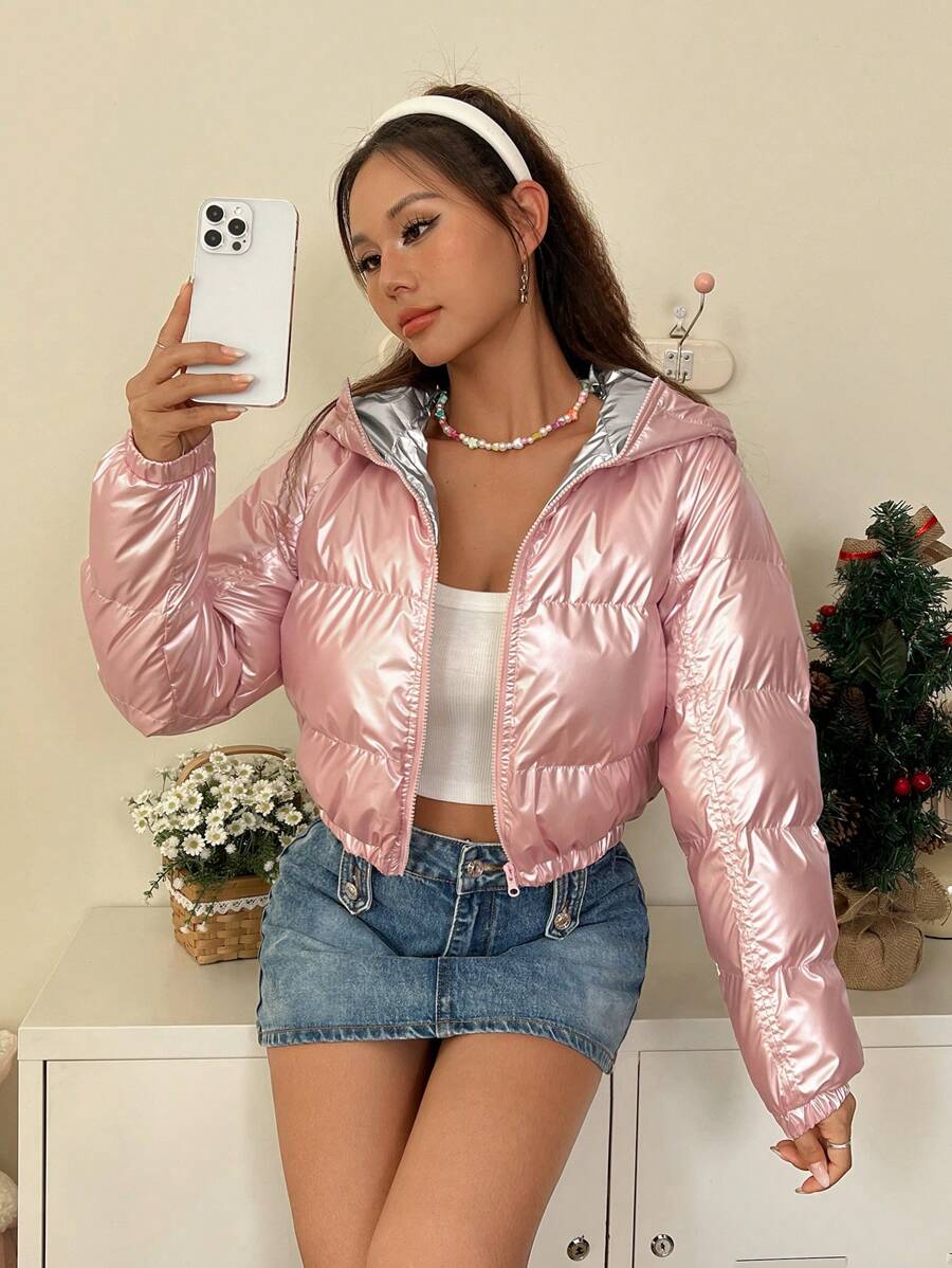 SHEIN EZwear 短款拉链连帽夹棉大衣 - 粉色 - 查看 1