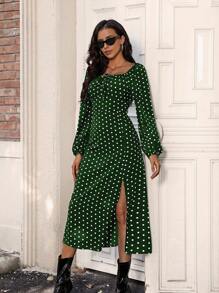 SHEIN Frenchy Của phụ nữ Giải trí In vết tròn Polka Cổ vuông Cái nĩa cao Hem Đầm - Màu xanh lá cây đậm - Xem 5