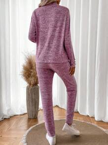 SHEIN LUNE Space Dye Drop Shoulder Tee & Drawstring Waist Pants Fall Cloth For Women - Baby Pink - View 3