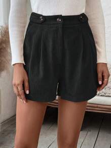 SHEIN Privé 女性寬鬆粗短灰絨短褲 - 黑色 - 查看 4