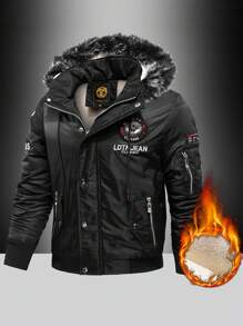 男士字母刺绣保暖内衬连帽棉服外套 - 黑色 - 查看 1