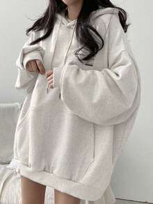 Slogan Graphic Drop Shoulder Oversized Hoodie,Long Sleeve Tops Casual Spring - Grey - View 3