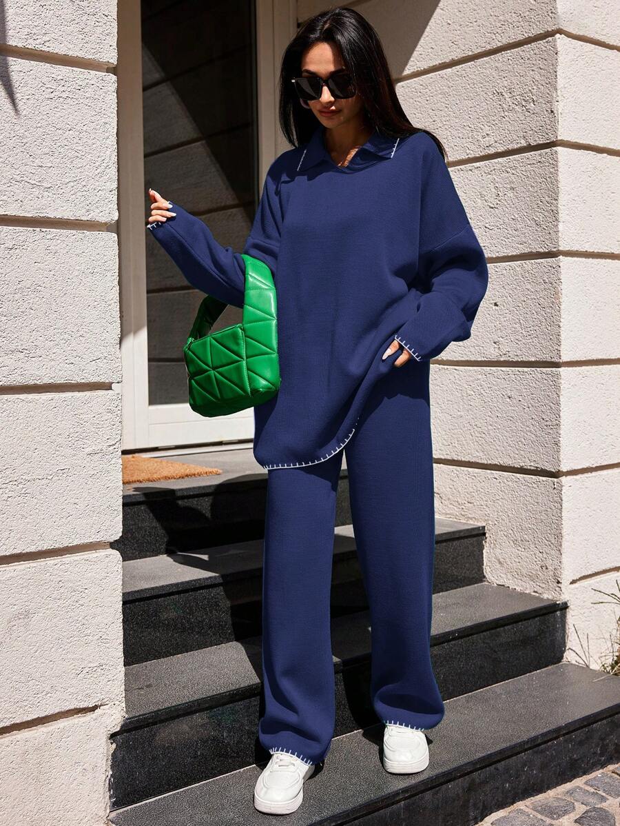 SHEIN Cottnline Women's Oversized Collar Drop Shoulder Sweater And Sweater Pants Two Piece Set - Navy Blue - View 1