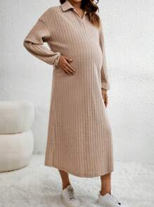 SHEIN Maternity Ribbed Knit Drop Shoulder Dress - Khaki - View 1