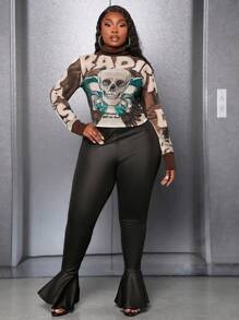 Slaydiva Blusa Slayr Plus - Básicos de calle - Para mujeres de talla grande, de punto elástico de malla nervada, con estampado de malla de contraste y empalmes - Marrón - Ver 2